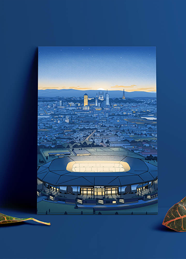 Projet Offside Studio Réalisation d'une affiche poster pour le Groupama Stadium à Lyon. Direction artistique par Offside et illustration Vincent Mahé